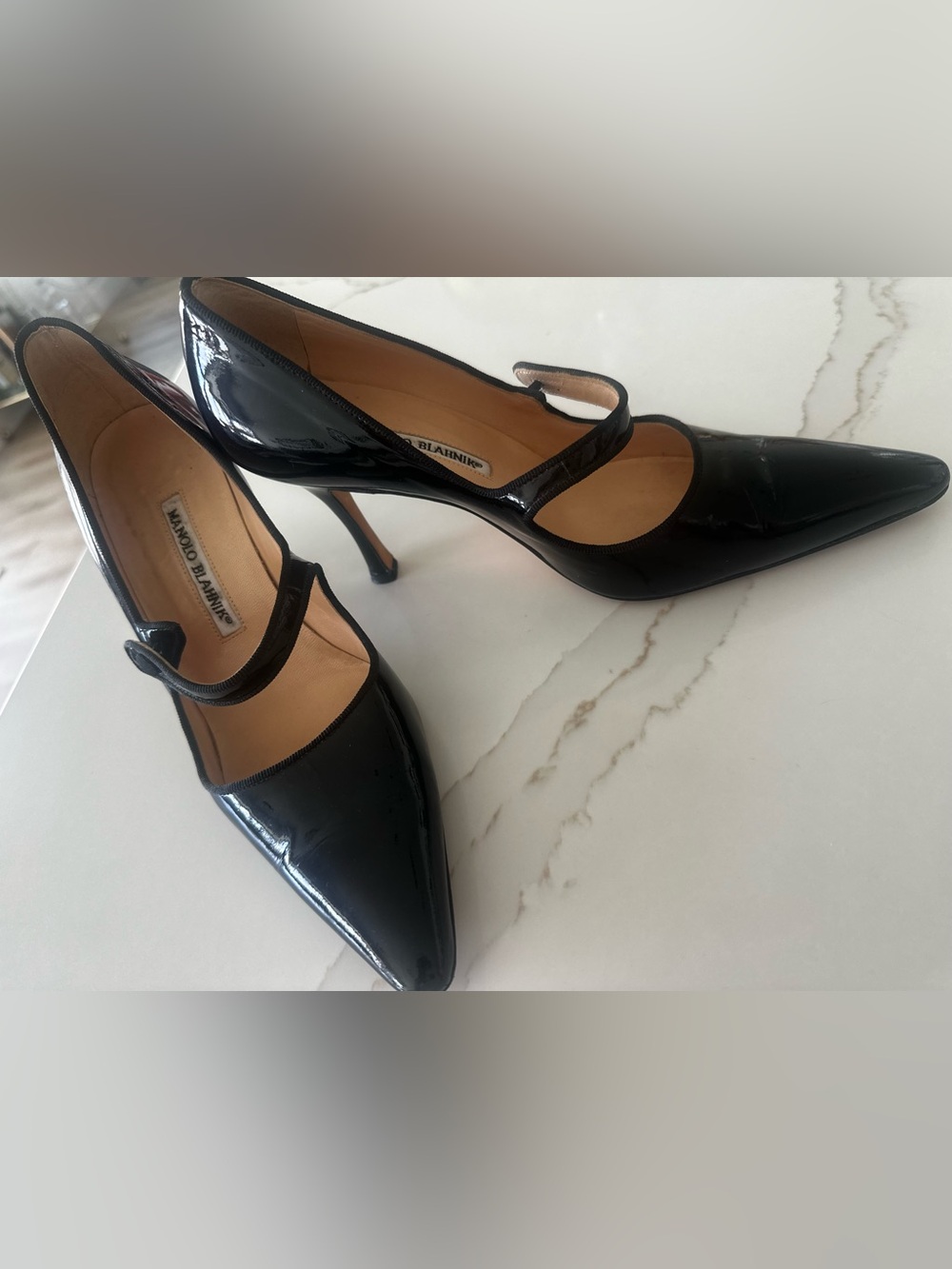 Manolo Blahnik Black Patent Leather Mary Jane Pointed-Toe Pumps